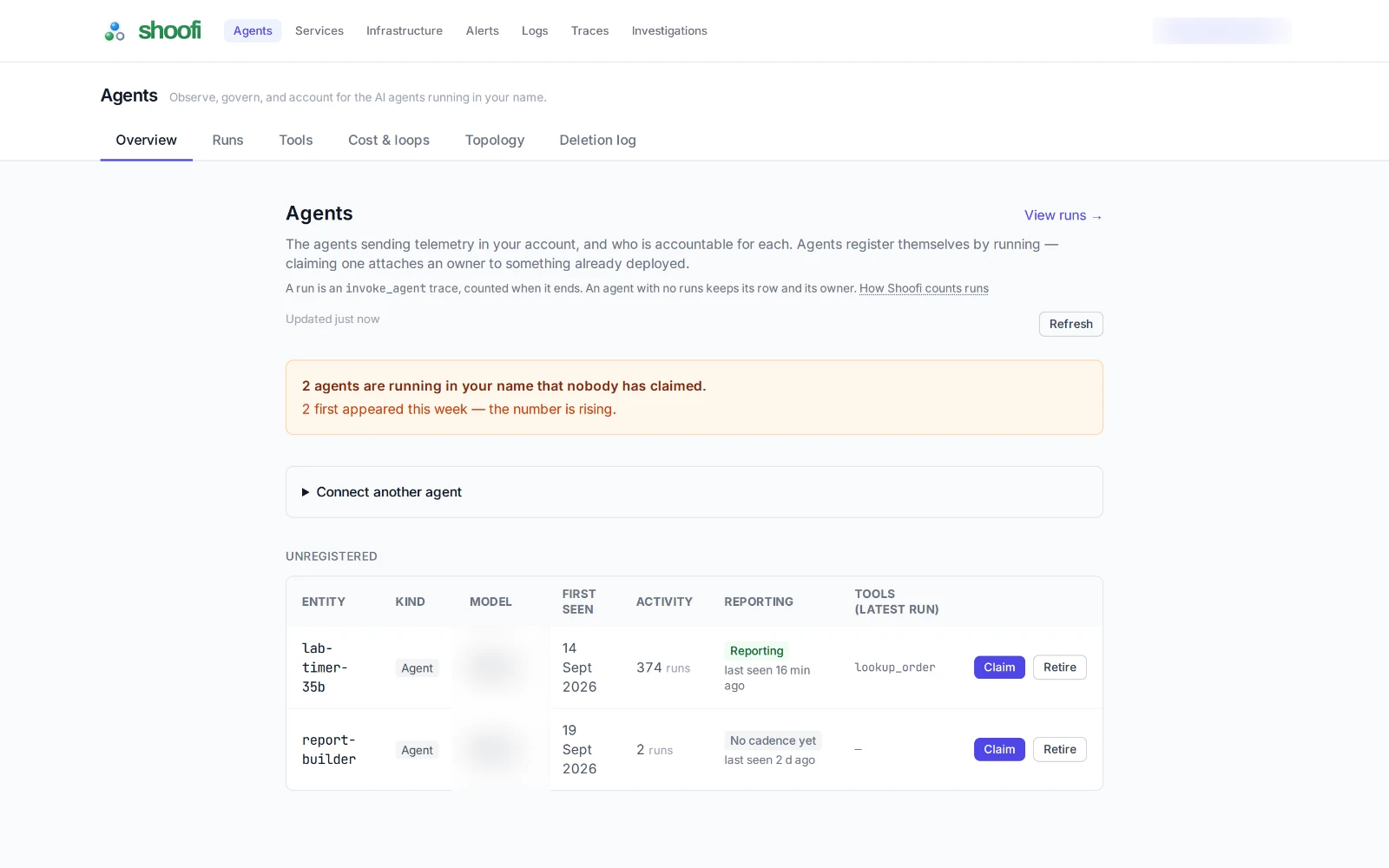 The agent register, with unclaimed agents listed on their own