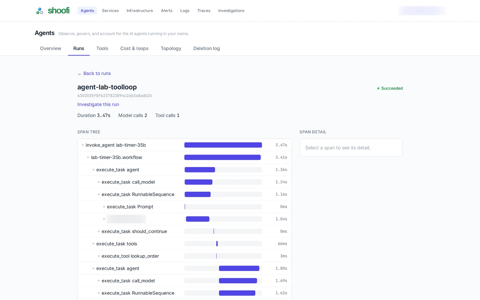 One agent run, with its spans, model calls, tool calls and cost